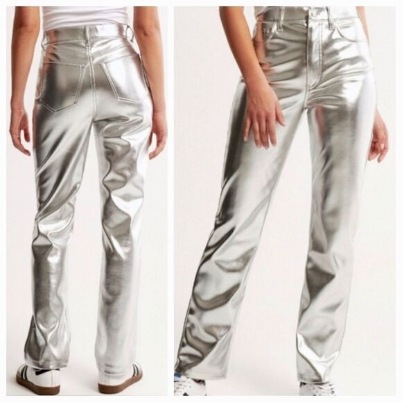 7 for all mankind silver metallic high rise straight leg pant size large 32 nwt - Picture 12 of 13